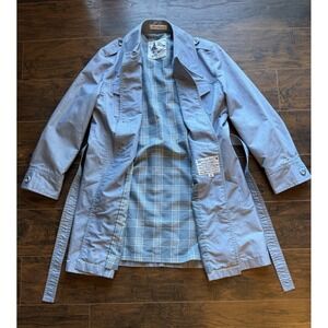 Vintage 90s Misty Harbor USA MADE Trench Coat Powder Blue Belted Plaid Lined  14